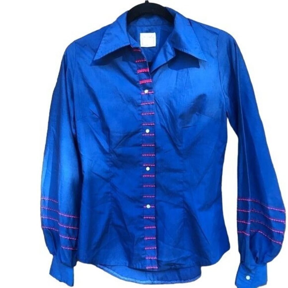 Vintage Karman Western Wear Lantern Sleeve Blue Red Embroidery Button Down Shirt